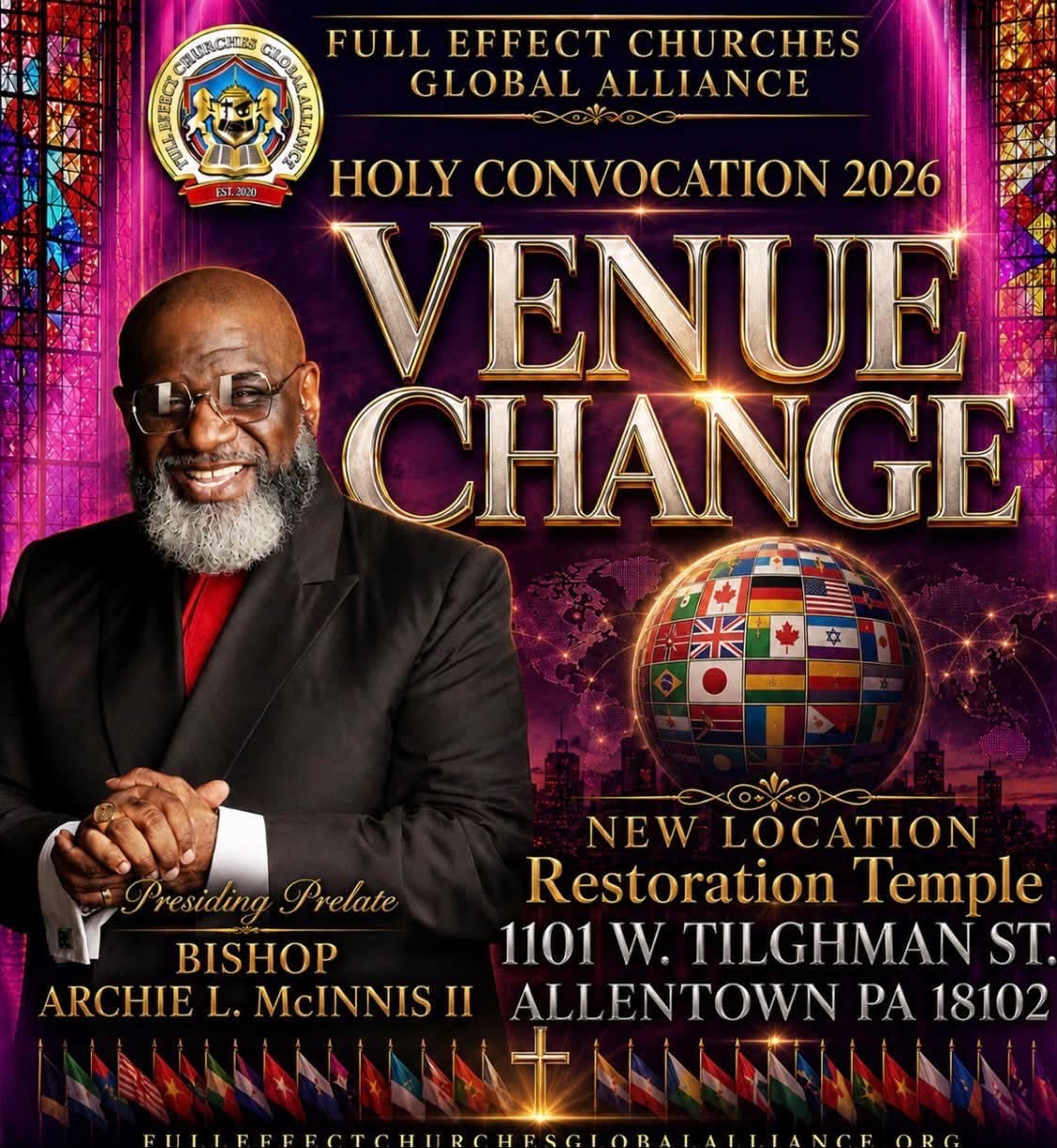 Holy Convocation 2026 venue change to Restoration Temple, 1101 W. Tilghman St, Allentown, PA 18102